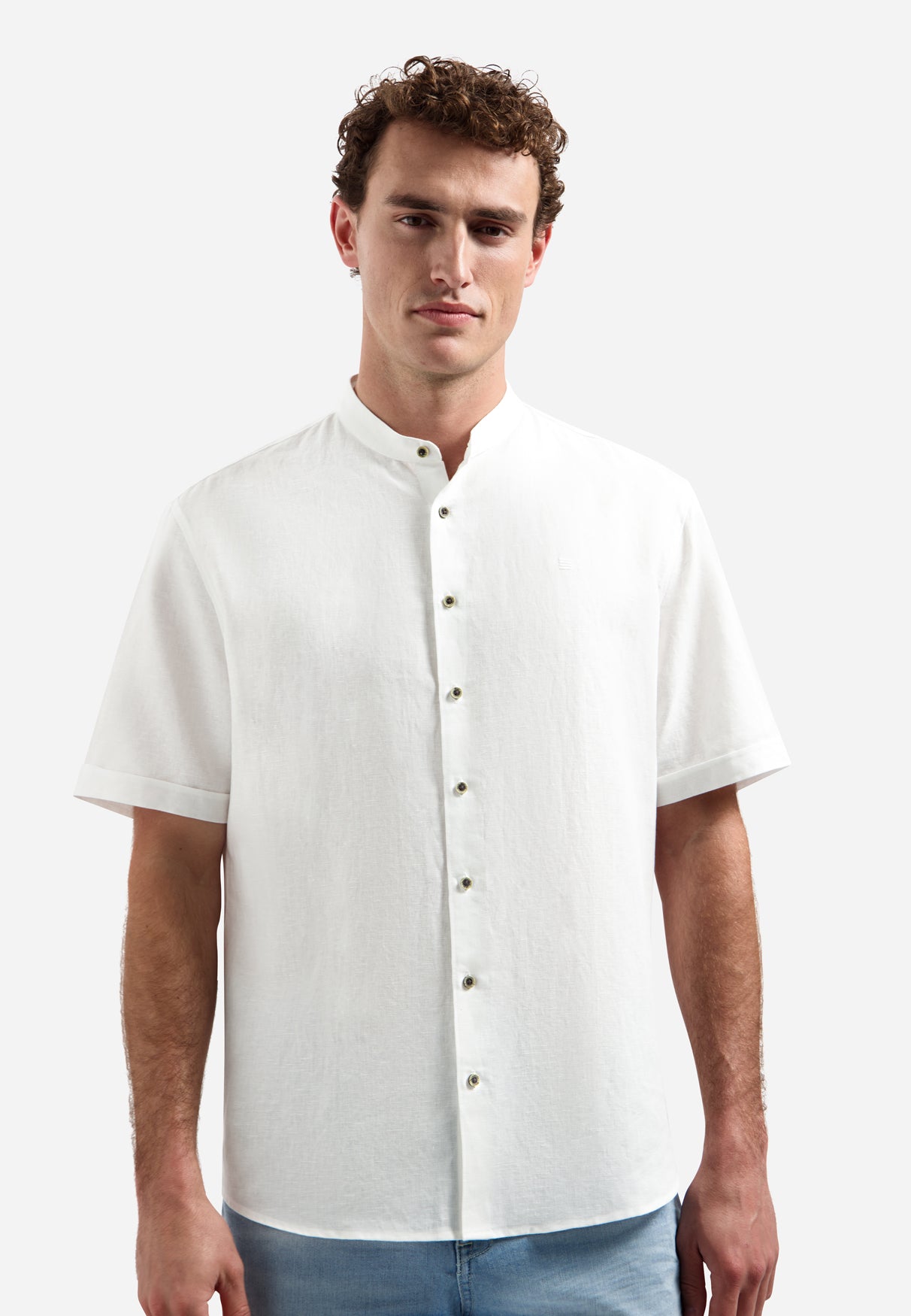 Linnenblend overhemd met korte mouw en staande kraag | White