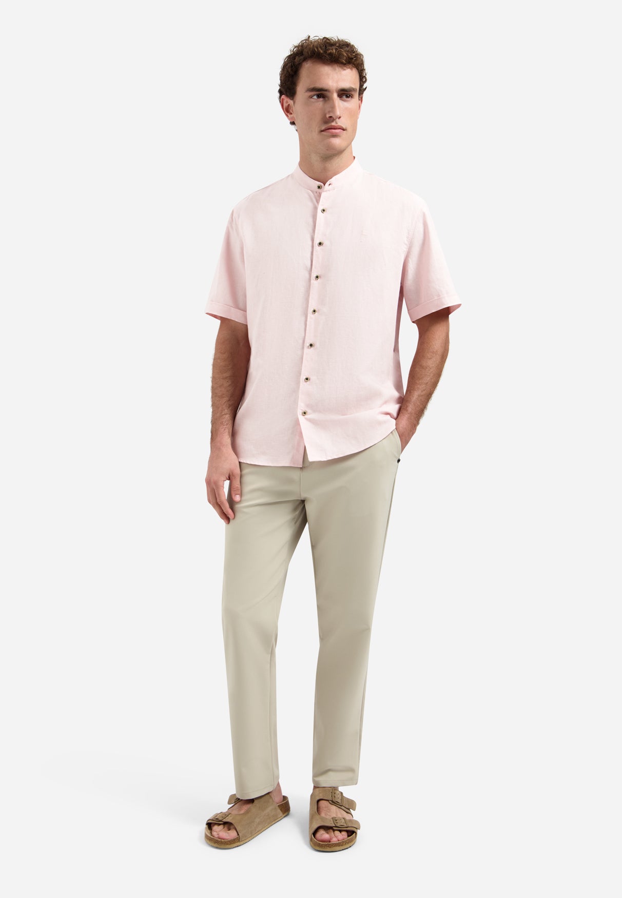 Linen blend shirt with short sleeves and a stand-up collar | Soft Pink
