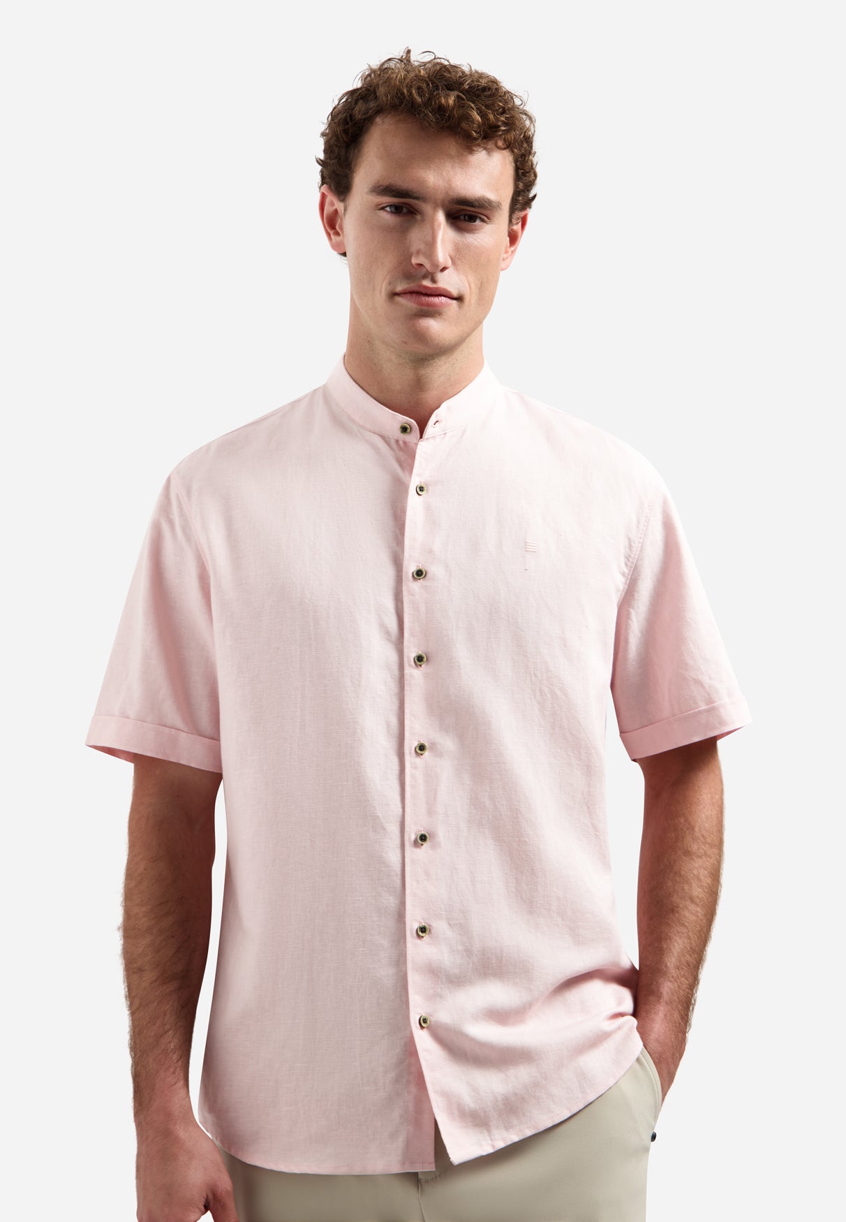 Chemise en lin mélangé à manches courtes et col montant | Soft Pink
