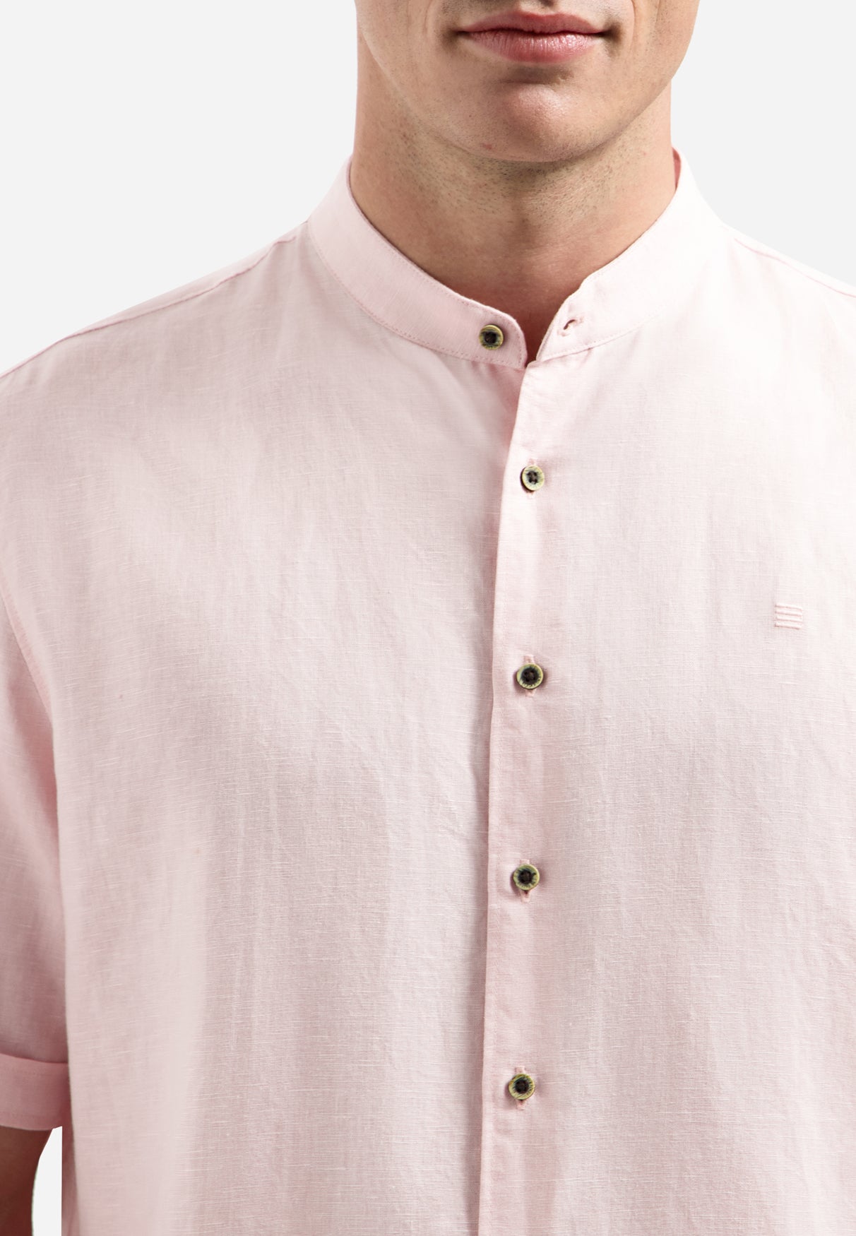Chemise en lin mélangé à manches courtes et col montant | Soft Pink