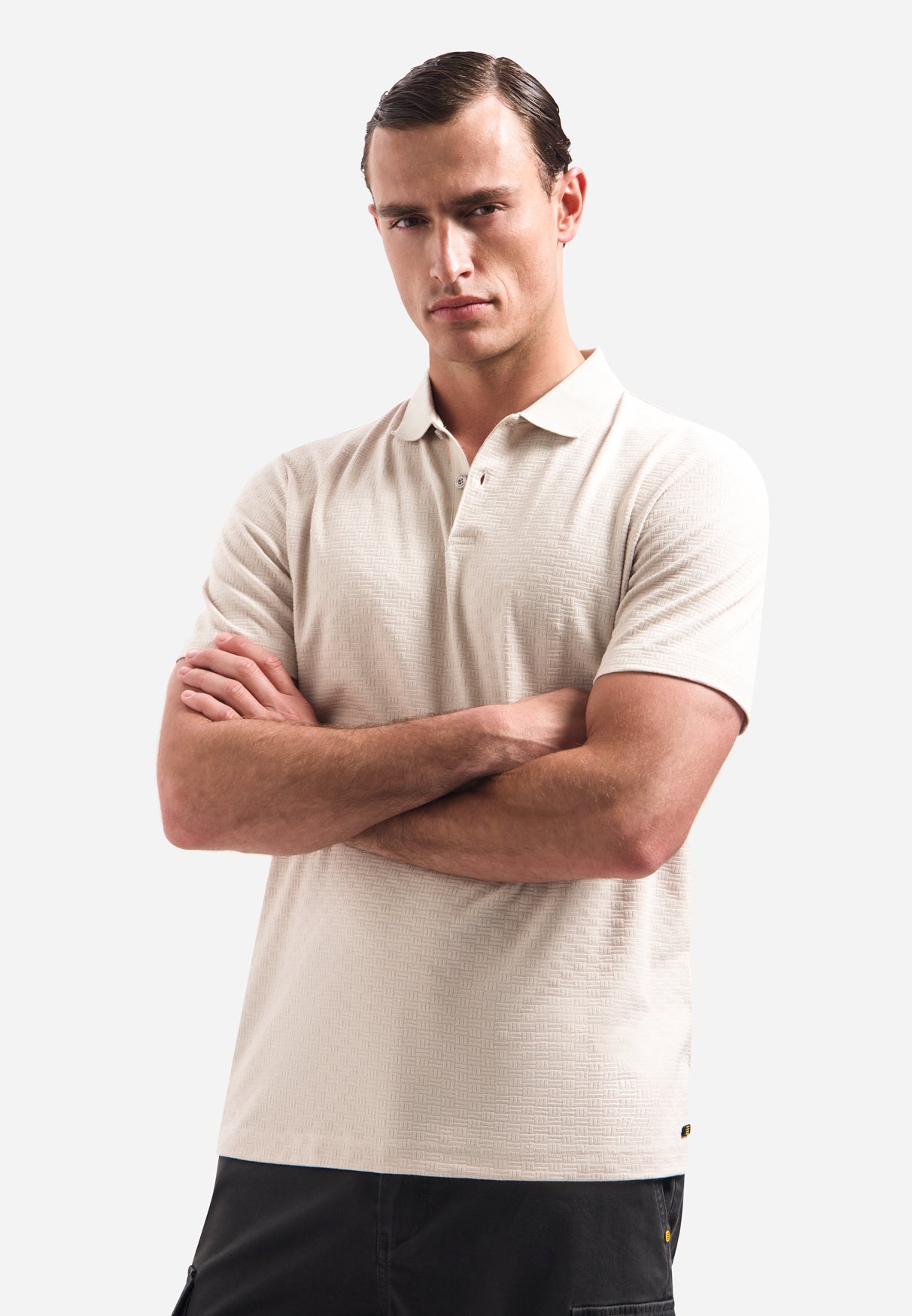 Gestructureerde V-hals polo met korte mouwen | Stone