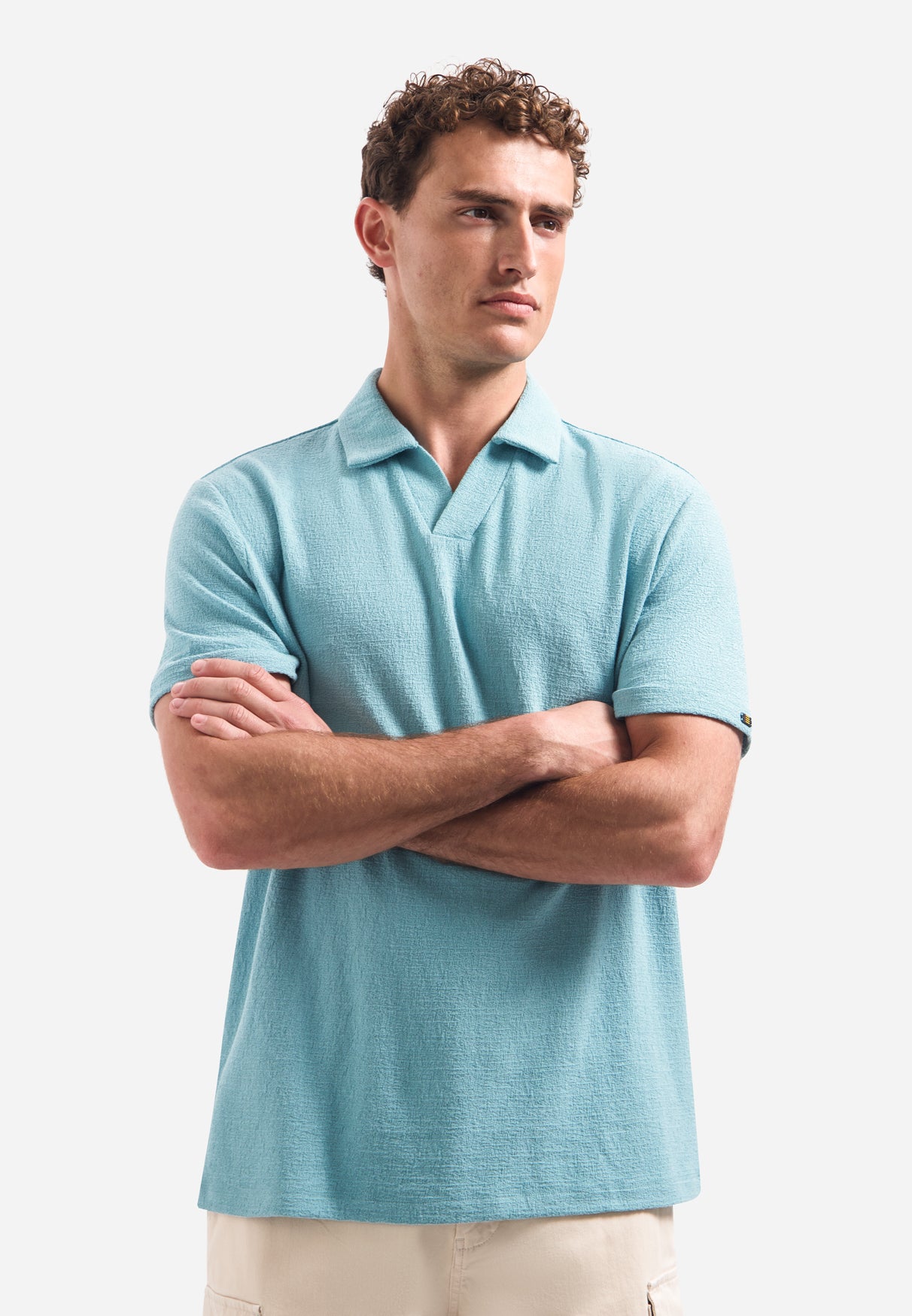 Korte mouwen getextureerde V-hals polo | Seablue