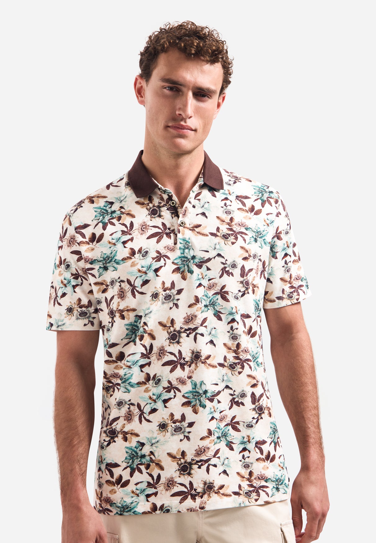 Polo met korte mouwen, V-hals en bloemenprint | Seablue