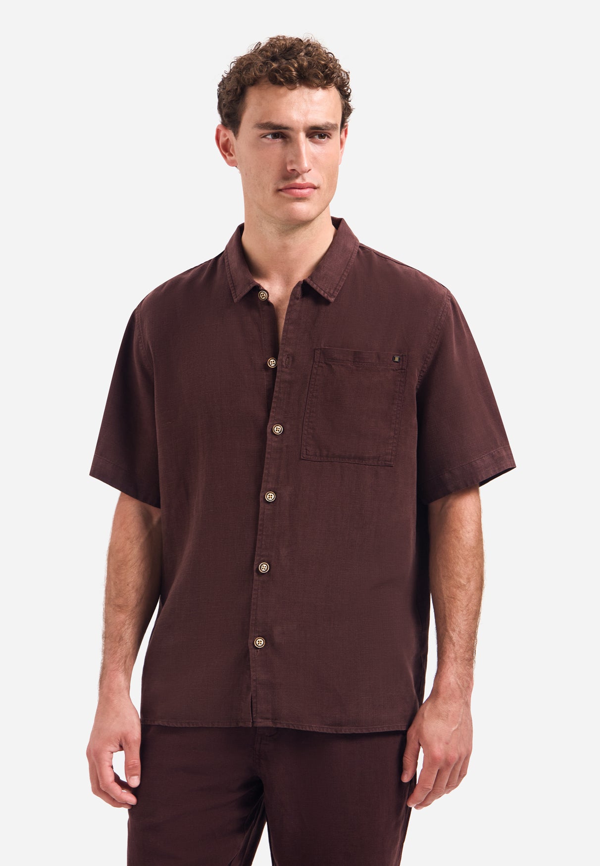 Overhemd van linnenmix met korte mouwen | Dark Brown