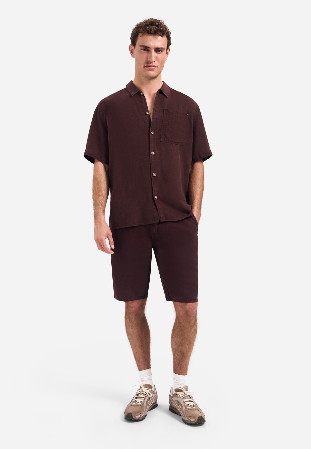 Overhemd van linnenmix met korte mouwen | Dark Brown