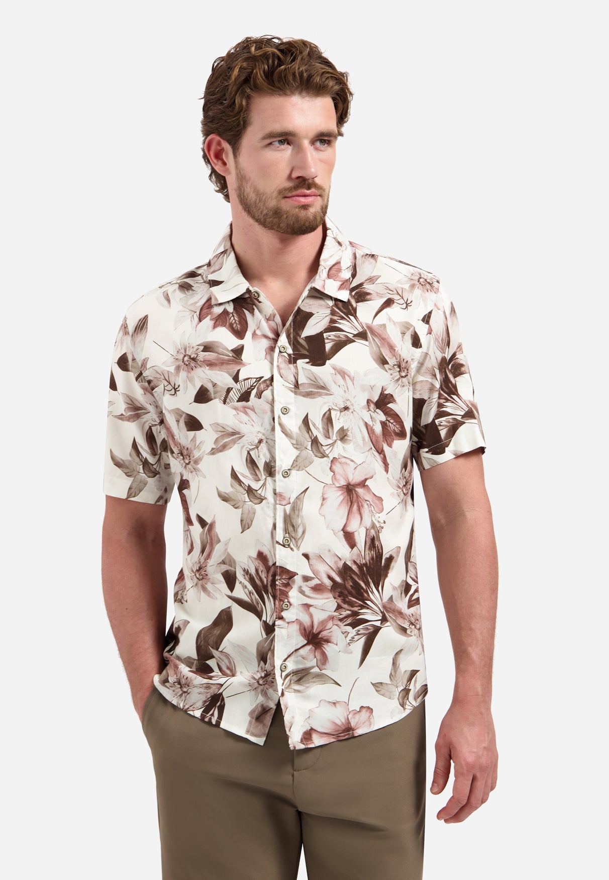 Short-sleeve shirt with a floral print | Coral