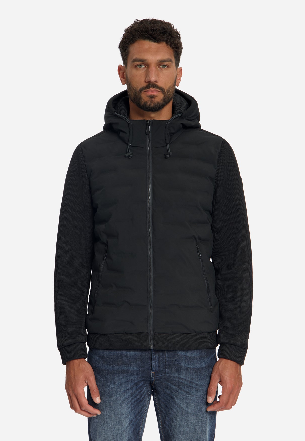 Veste à coupe courte, capuche intégrée, mélange de mailles | Noir