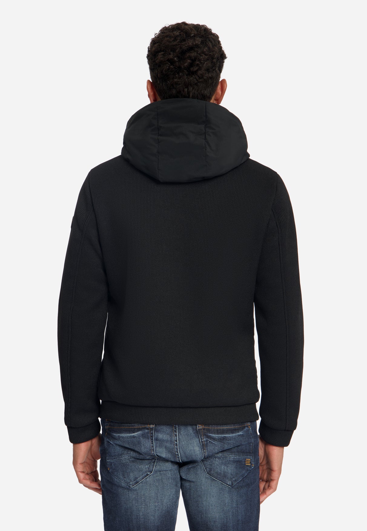 Veste à coupe courte, capuche intégrée, mélange de mailles | Noir