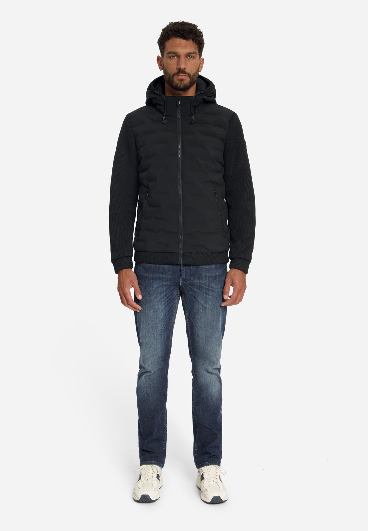 Veste à coupe courte, capuche intégrée, mélange de mailles | Noir