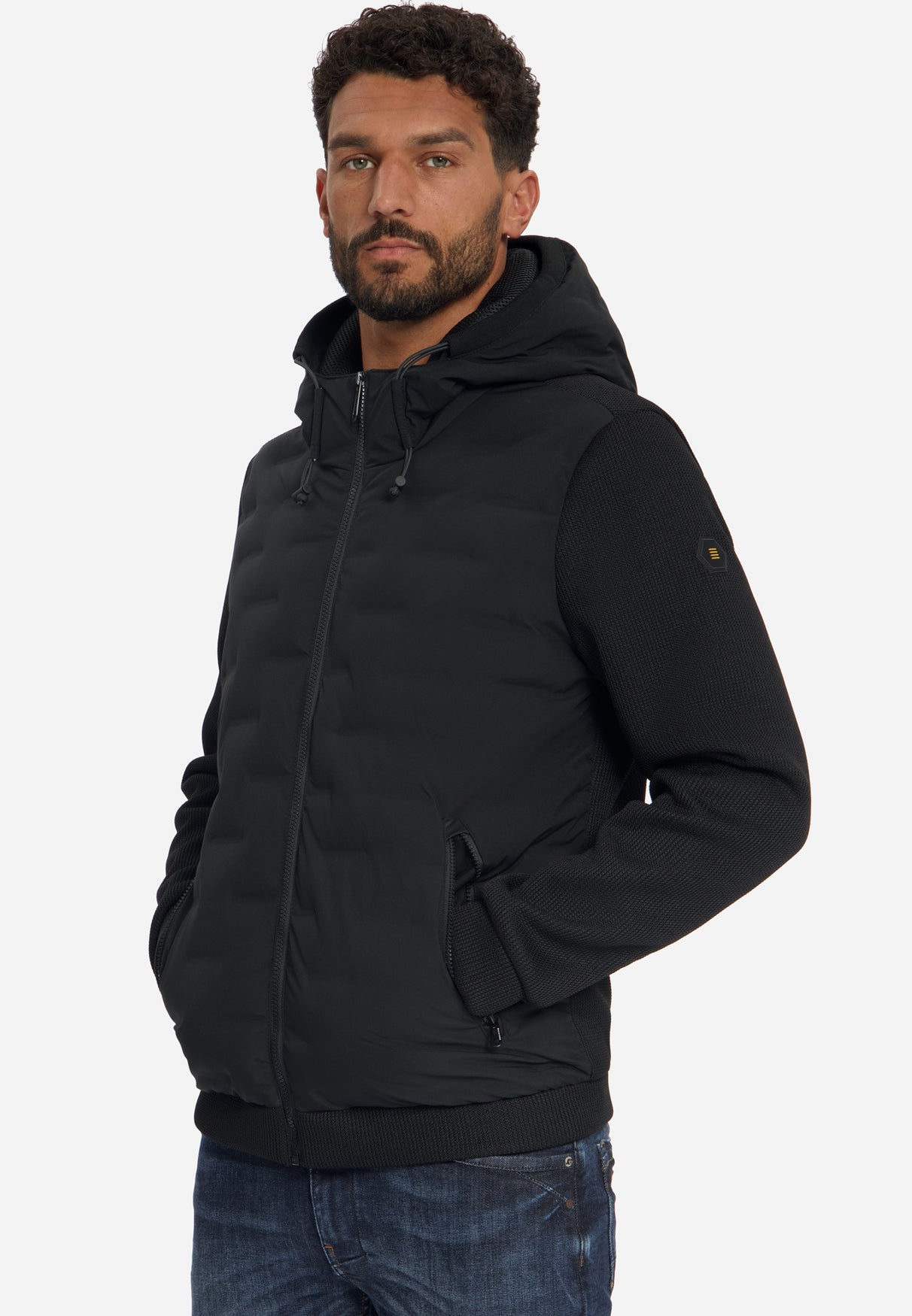 Veste à coupe courte, capuche intégrée, mélange de mailles | Noir