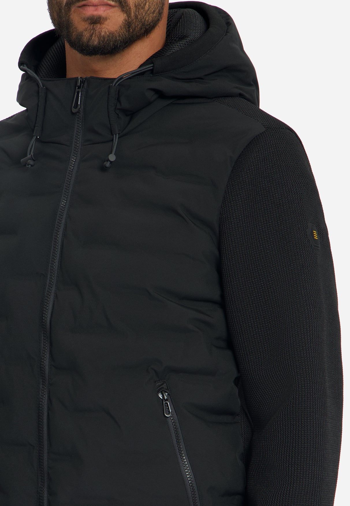 Veste à coupe courte, capuche intégrée, mélange de mailles | Noir