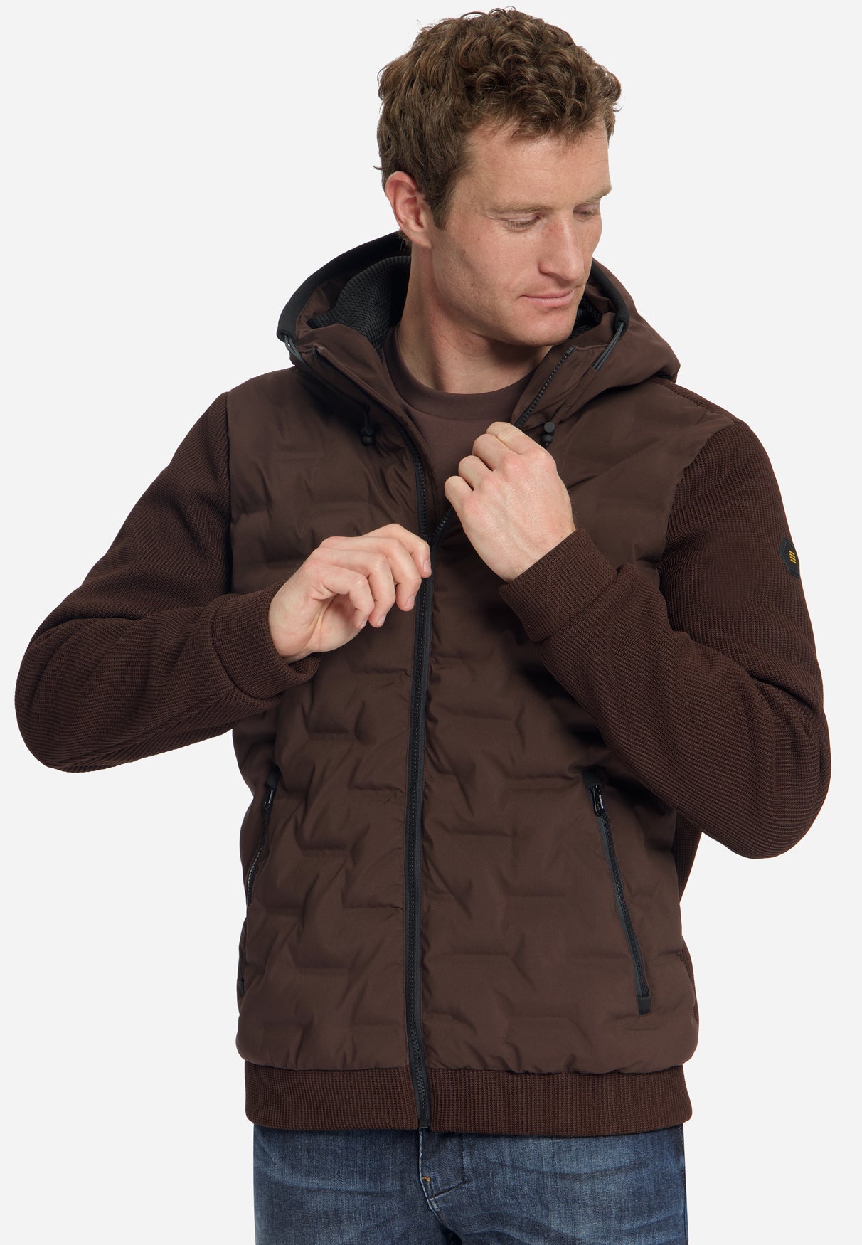 Jacket Short Fit Sealed Hooded Knitted Mix | Dark Brown
