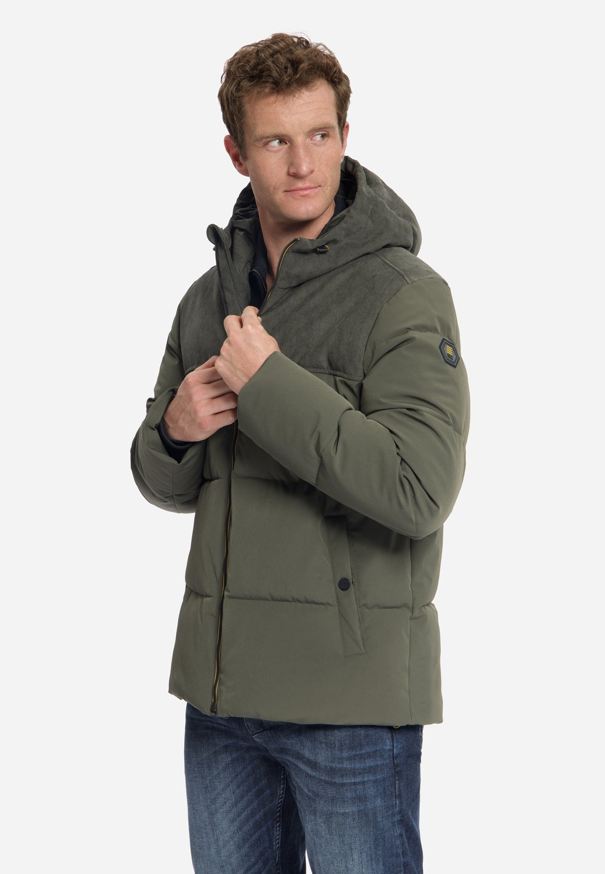 Jas met korte pasvorm, puffer, corduroy-mix | Army